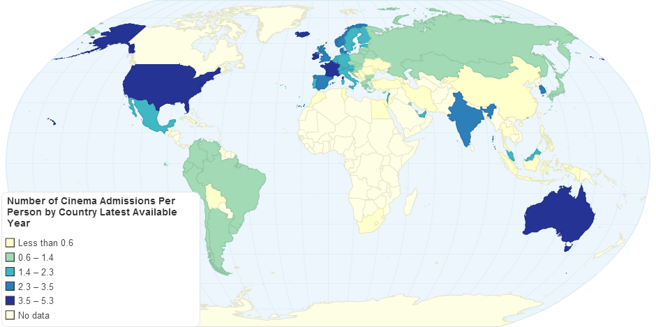 Number of Cinema Admissions Per Person by Country Latest Available Year