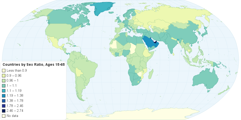 Countries by Sex Ratio, Ages 15-65
