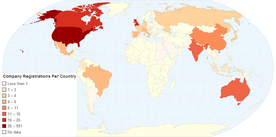 The Number of Company Registrations to Project Tycho Per Country