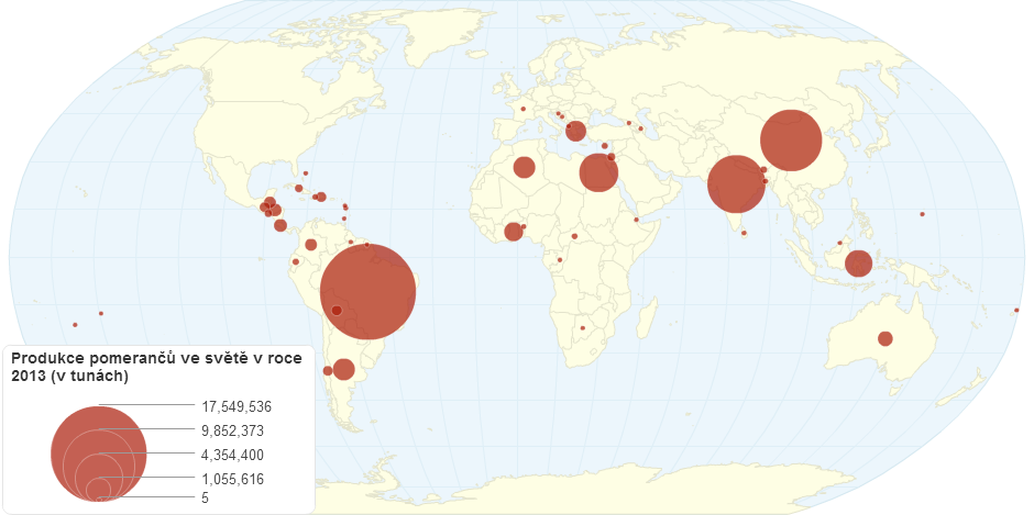 Produkce pomerančů ve světě v roce 2013 (v tunách)