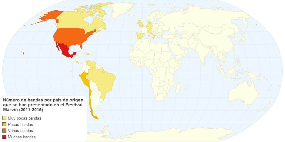 Número de bandas por país de origen que se han presentado en el Festival Marvin (2011-2015)