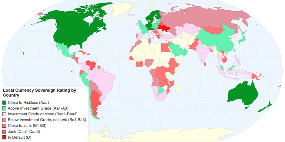 Local Currency Sovereign Rating by Country from Moody's (July 2015)