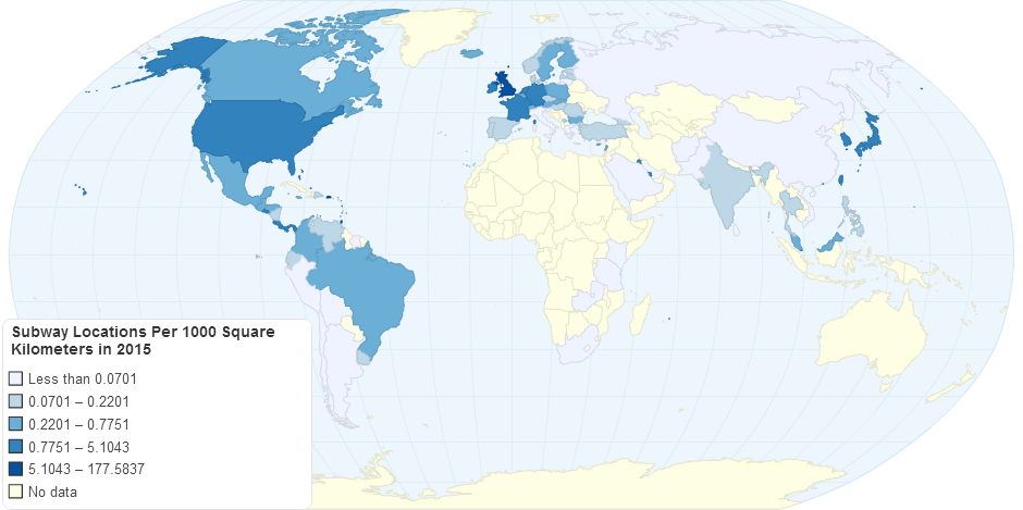 Subway Locations per 1000 Square Kilometers in 2015