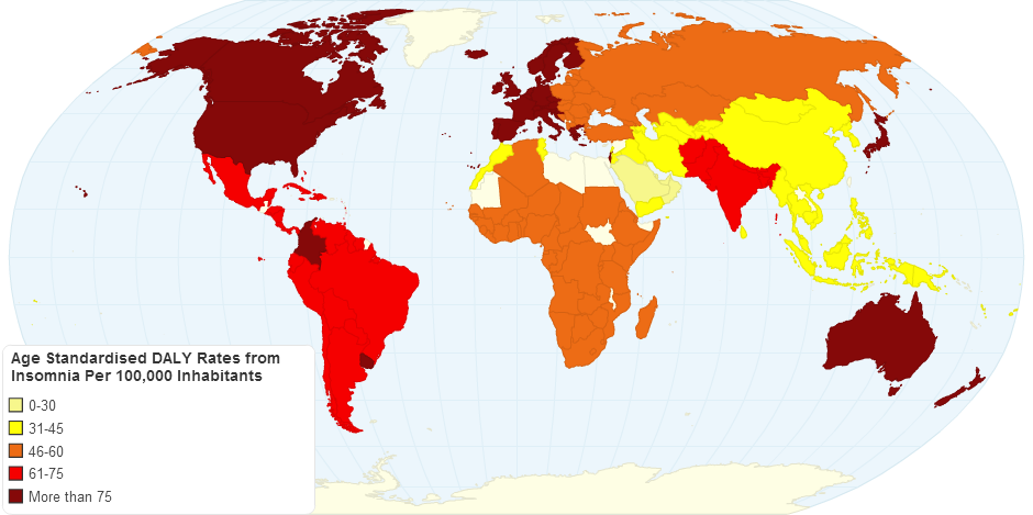 Age Standardised Disability Adjusted Life Year Daly Rates from Insomnia by Country Per 100000 Inhabitants