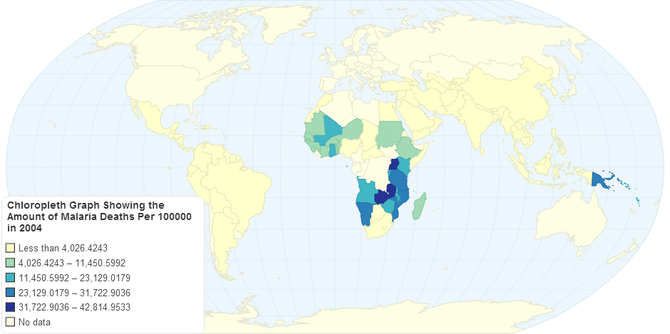 Chloropleth Graph Showing the Amount of Malaria Deaths Per 100000 in 2004