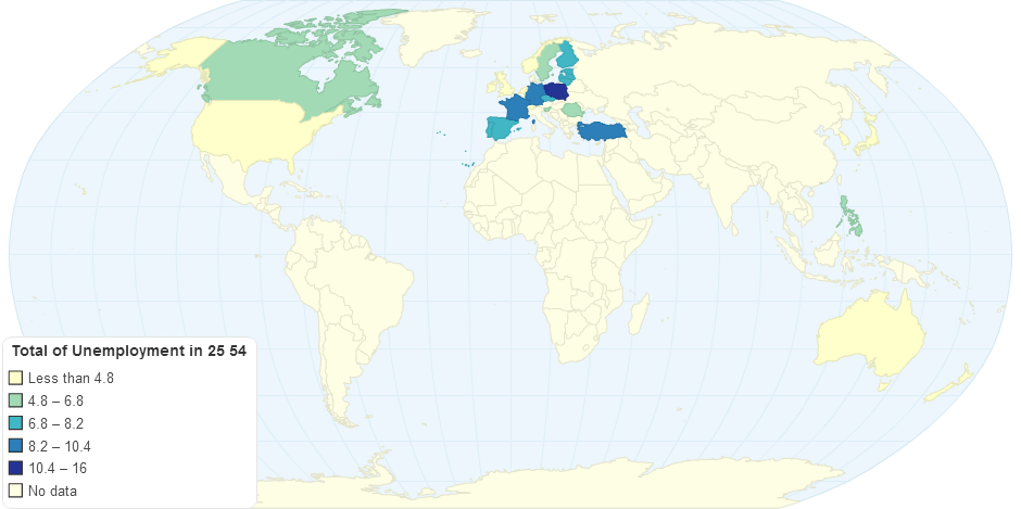 Chloropleth map showing Total of Unemployment in 25 54