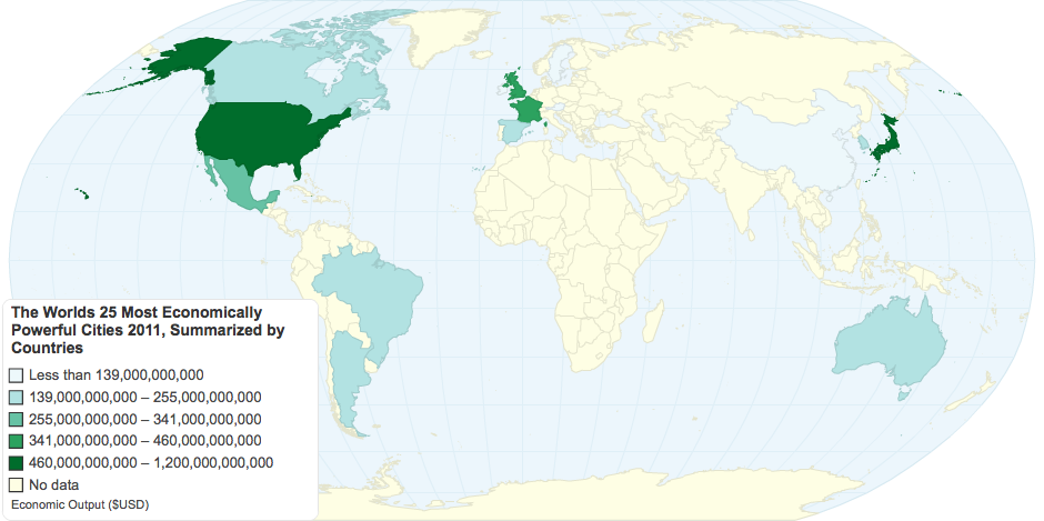 The Worlds 25 Most Economically Powerful Cities 2011, Summarized  by Countries