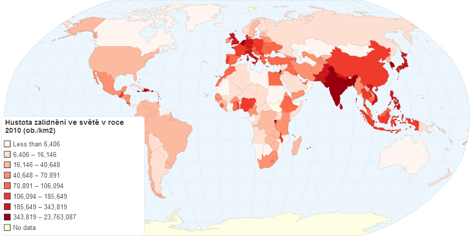 Hustota zalidnění ve světě v roce 2010