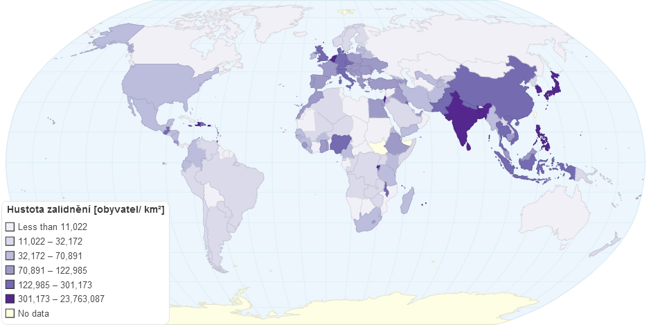 Hustota zalidnění států světa v roce 2010