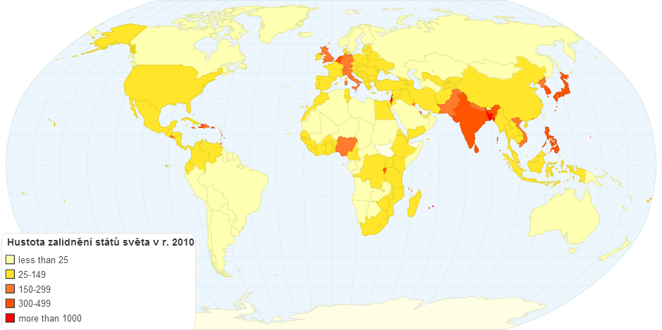 Hustota zalidnění států světa v r. 2011