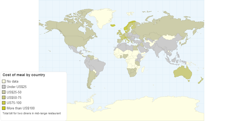 Average Cost of Meal for 2 Mid Range Restaurant by Country