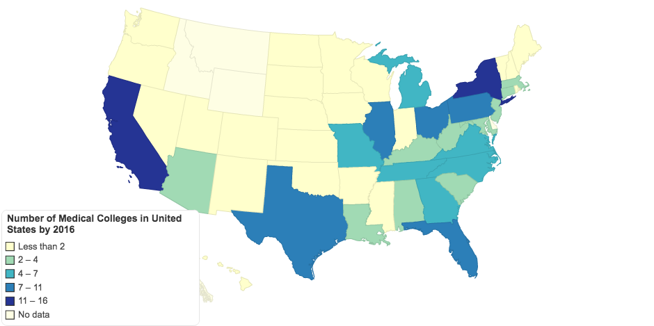 Number of Medical Colleges in United States by 2016