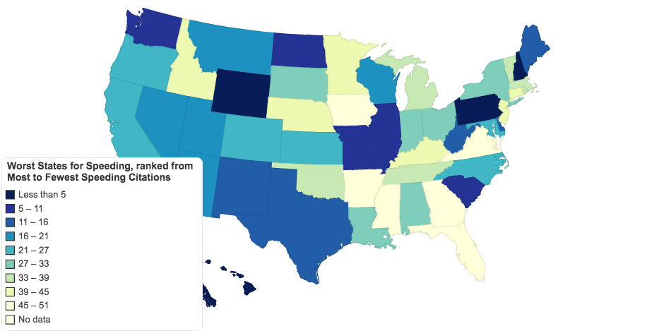 Safest States to Drive in, by Speeding Citations