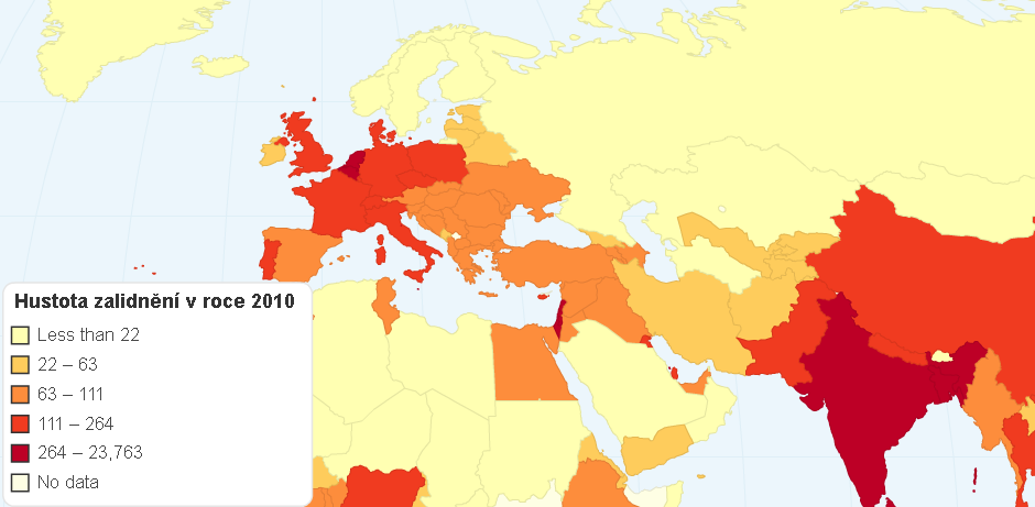 Hustota zalidnění v roce 2010