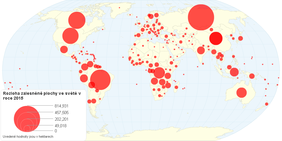 Rozloha zalesněné plochy ve světě v roce 2015