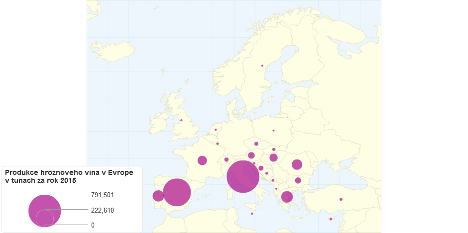 Produkce hroznového vína v Evropě v tunách za rok 2015