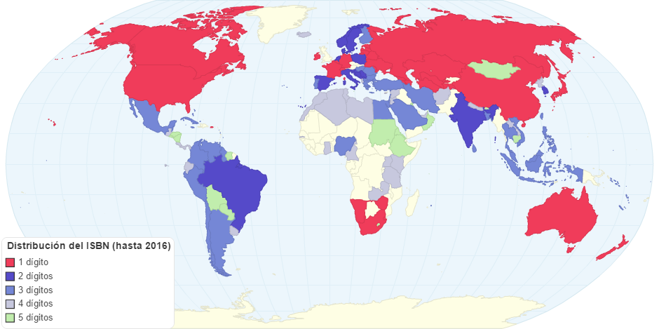 Distribución del ISBN en el mundo (mapa hasta 2016)