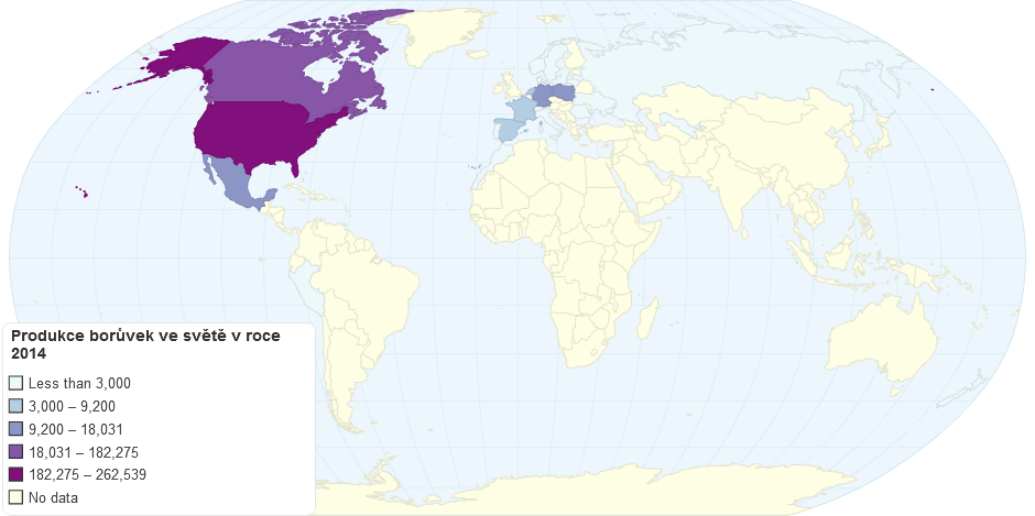 Produkce borůvek ve světě v roce 2014