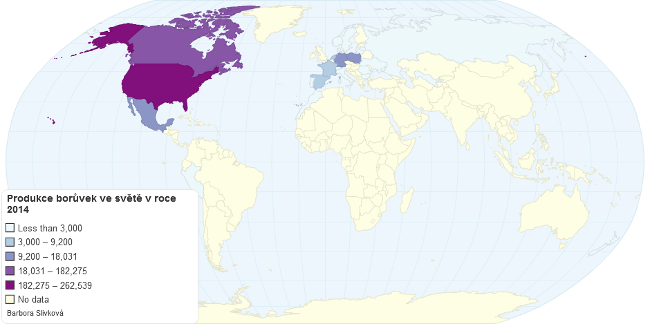 Produkce borůvek ve světě v roce 2014