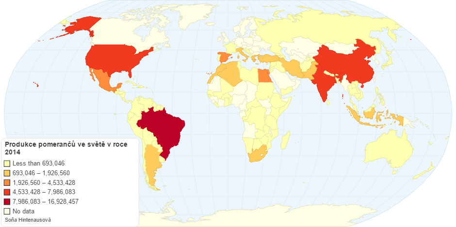 Produkce pomerančů ve světě v roce 2014