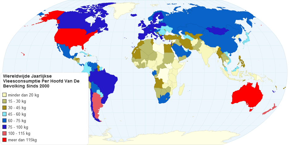 Wereldwijde jaarlijkse vleesconsumptie per persoon sinds 2000