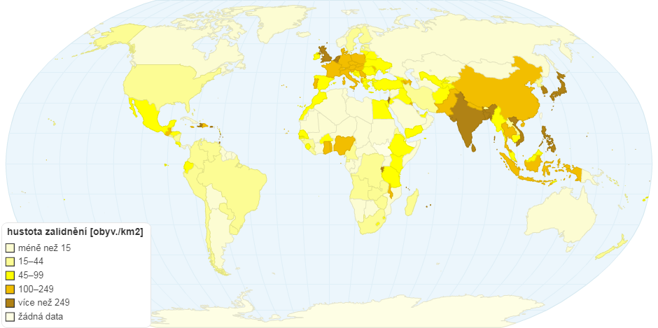 Hustota zalidnění států světa v roce 2010