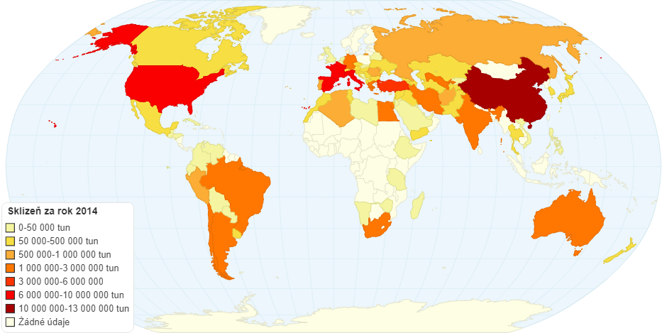 Mapa produkce hroznového vína ve světě za rok 2014