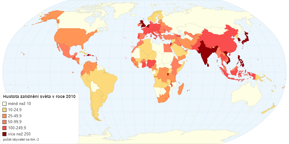 Hustota zalidnění světa v roce 2010