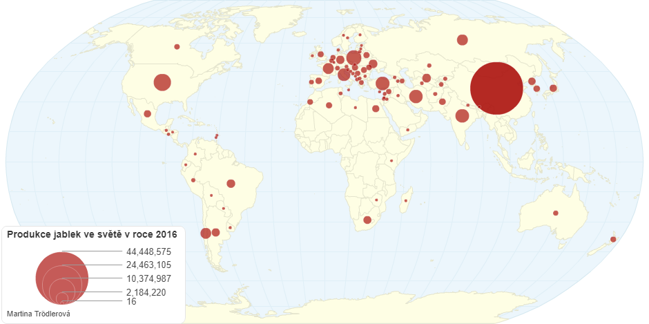 Produkce jablek ve světě v roce 2016 (tuny)