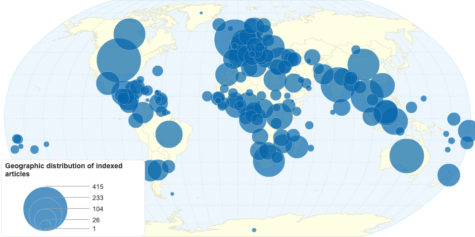 Geographic distribution of indexed Equal Eyes articles