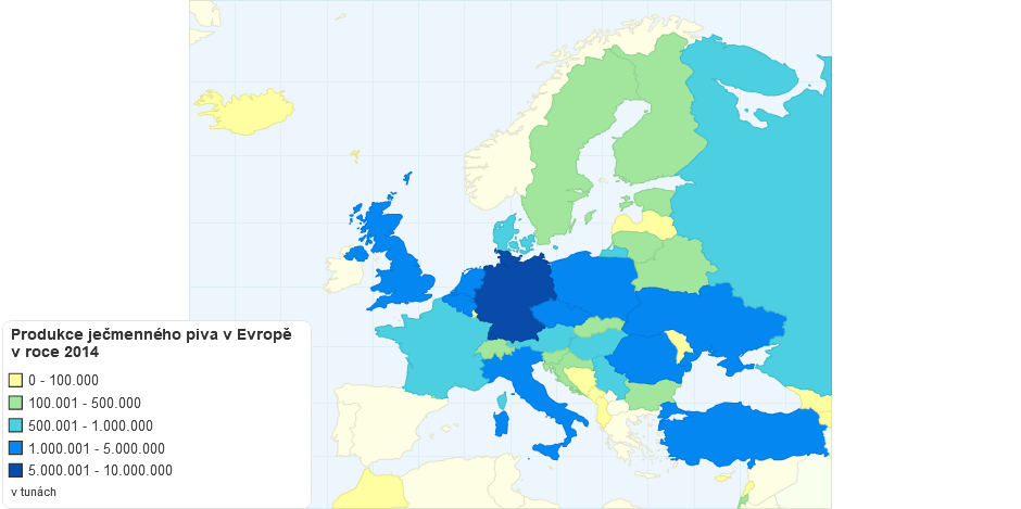 Produkce ječmenného piva v Evropě v roce 2014