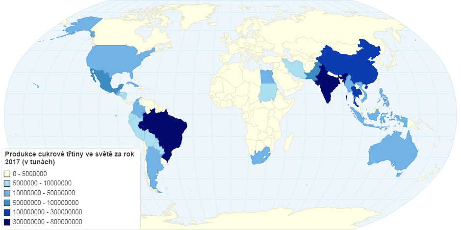 Produkce cukrové třtiny ve světě za rok 2017