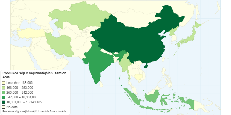 Produkce sóji v nejlidnatějších státech Asie