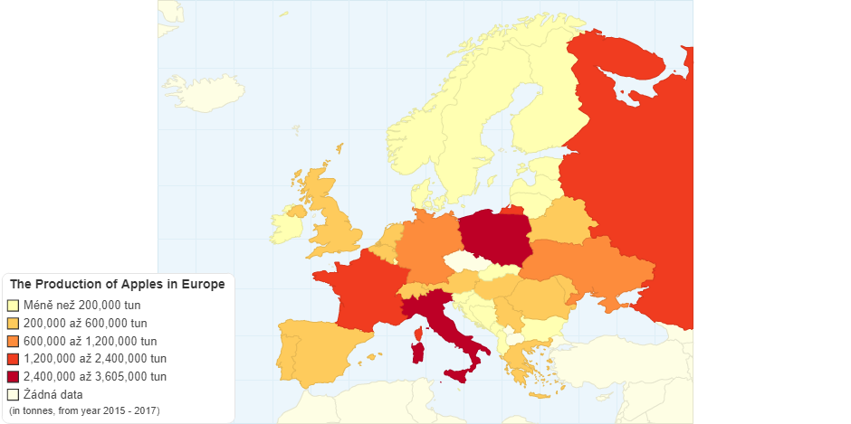 Produkce jablek v Evropě od roku 2015 do roku 2017