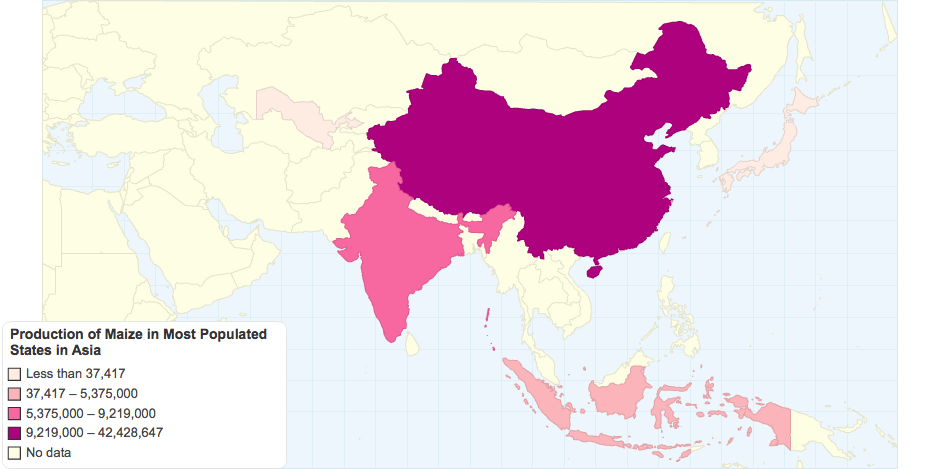 Production of Maize in Most Populated States in Asia