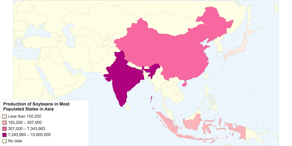Production of Soybeans in Most Populated States in Asia