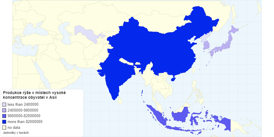 Produkce rýže v místech vysoké koncentrace obyvatel v Asii