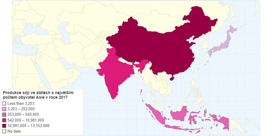 Produkce sóji ve státech s největším počtem obyvatel Asie v roce 2017