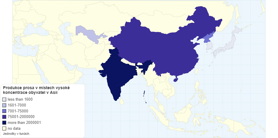 Produkce prosa v místech vysoké koncentrace obyvatel v Asii