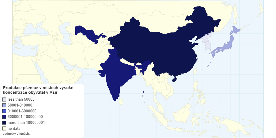 Produkce pšenice v místech vysoké koncentrace obyvatel v Asii