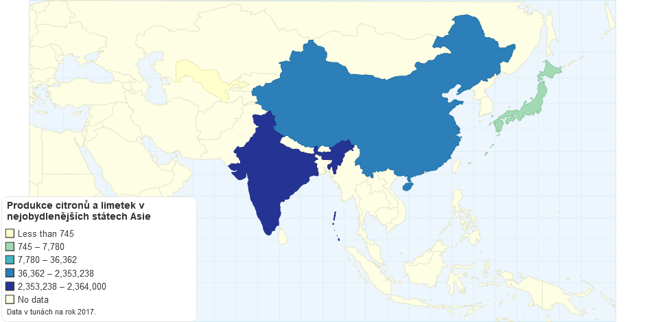 Produkce citronů a limetek v nejobydlenějších státech Asie