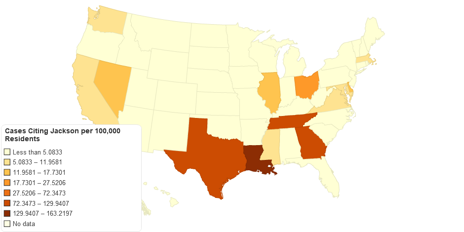 Cases Citing Jackson v. Virginia by State per 100,000 Residents