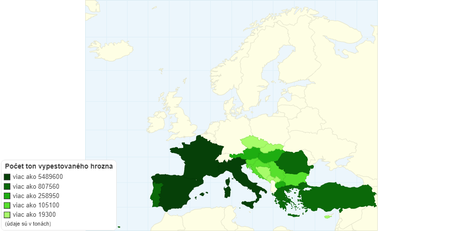Množstvo vypestovaného hrozna v Európe