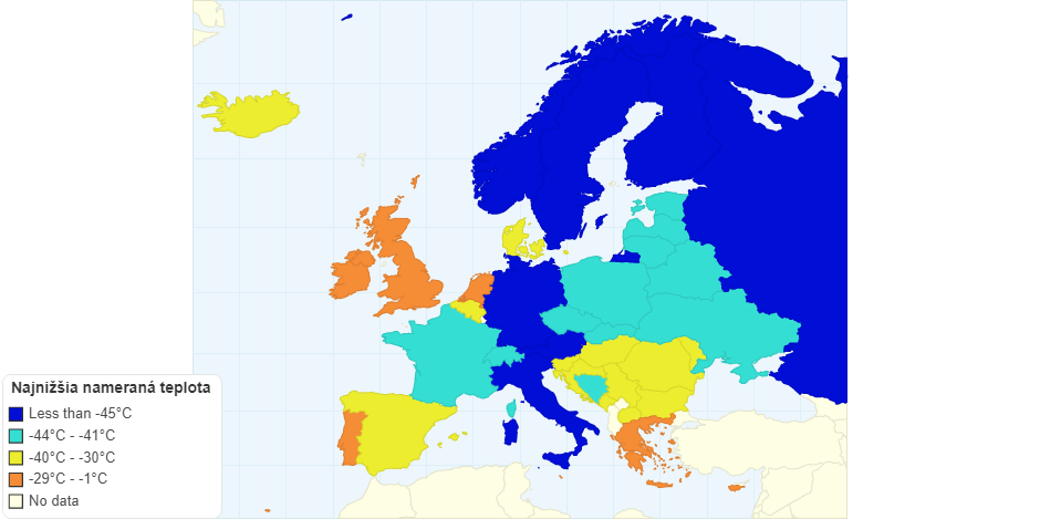 Najnižšia nameraná teplota v štátoch Európy