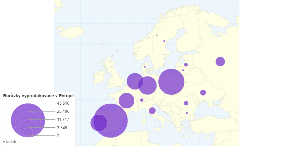 Produkce borůvek ve státech Evropy za rok 2018