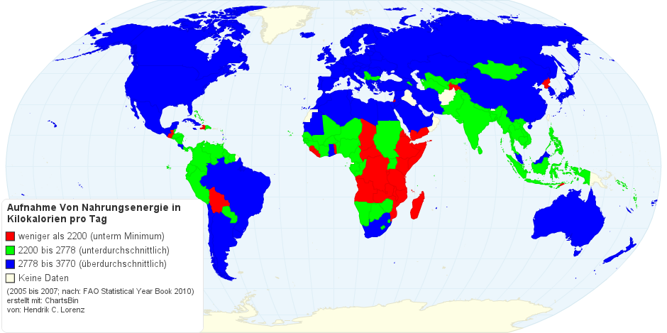 Aufnahme Von Nahrungsenergie in Kilokalorien pro Tag von 2005 bis 2007 (erstellt von Hendrik C. Lorenz nach Daten aus dem Statistical Yearbook 2010 der FAO)