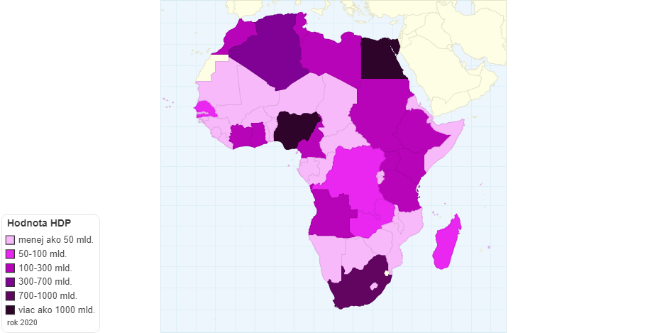 Maximálna hodnota HDP afrických štátov k roku 2020
