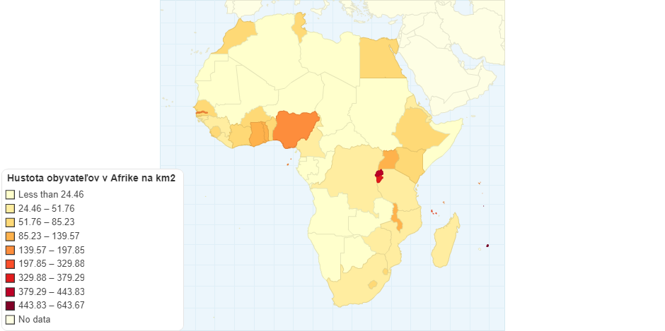 Hustota obyvateľov v Afrike na kilometer štvorcový