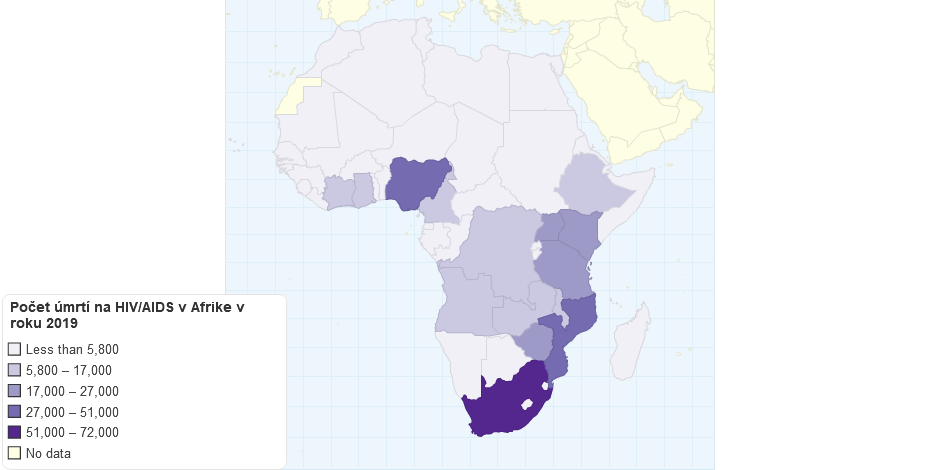 Počet úmrtí na HIV/AIDS v Afrike v roku 2019