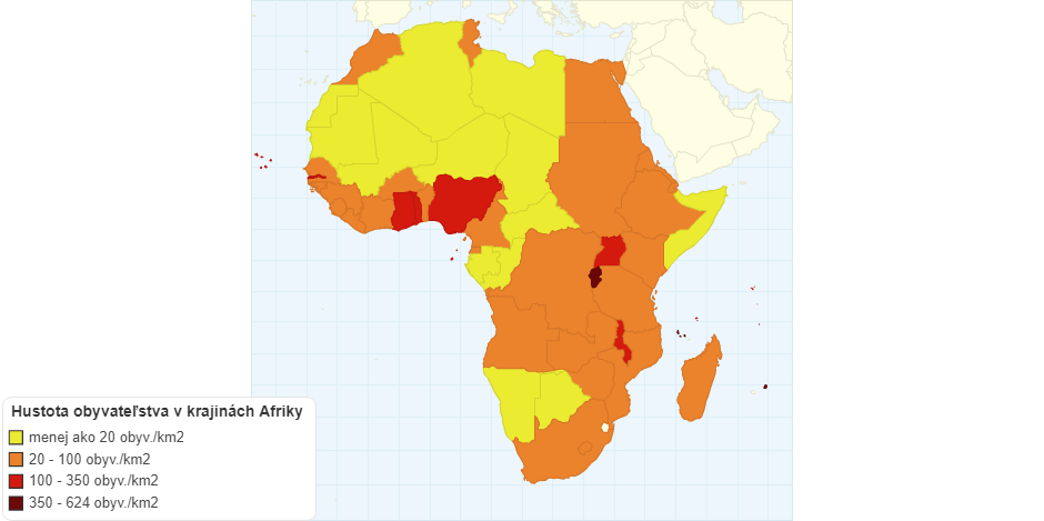 Hustota obyvateľstva v krajinách Afriky (v roku 2015)